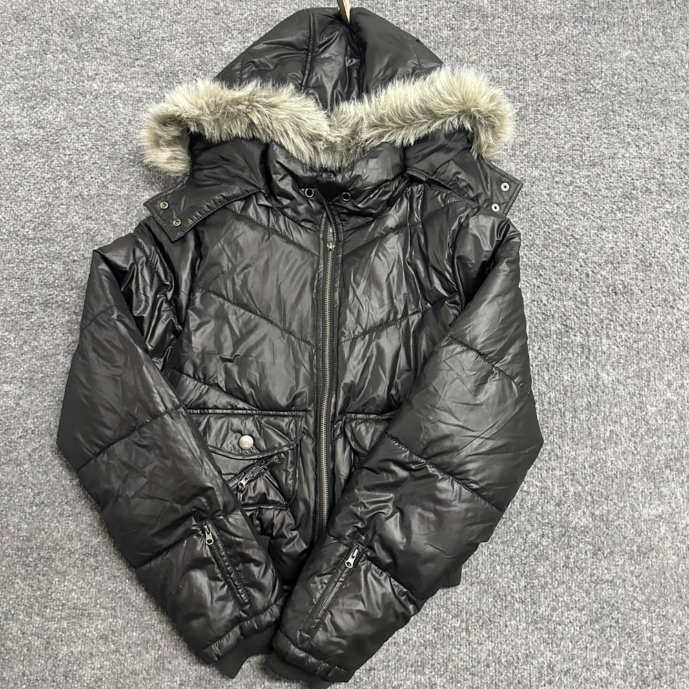 Arizona Puffer Jacket Womens Size Medium Black Faux Fur Hood Quilted Winter Coat